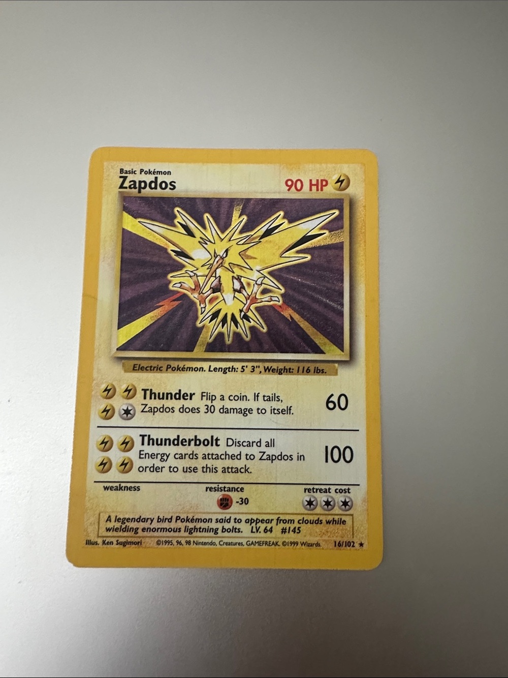 Zapdos Holo Rare Original 1999 Pokémon Base Set (16/102)